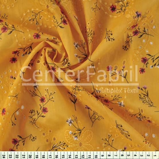 Tecido Laise Estampada Floral Preto Fdo Amarelo Larg.130cm  100%Algodão 95gr/m² 