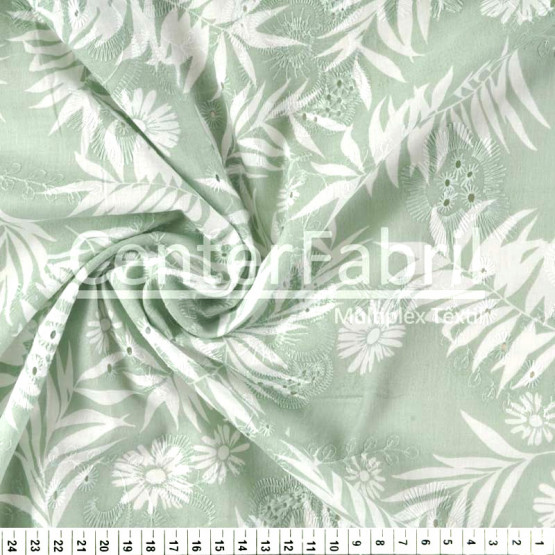 Tecido Laise Estampada Floral Branco Fdo Verde CL Larg.130cm  100%Algodão 95gr/m² 