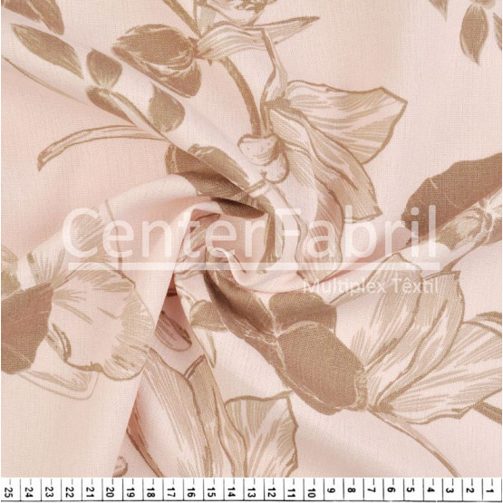 Tecido Linho Leve Estampado Floral Fdo Rosa Salmão Largura 140cm 70%Viscose 30%Linho 187gr/m2