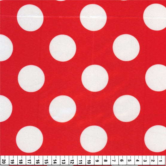 Tecido Cetim estampado Vermelho Bola Branca -Tecido Fantasia Minnie- Larg. 1,47mt 100% Poliester 78gr/m2