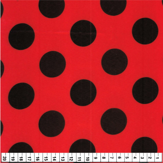 Tecido Cetim estampado Bola Preta e Fundo Vermelho Larg. 1,47mt 100% Poliester