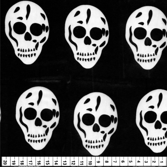 Tecido Cetim estampado Caveira Branca Fundo Preto Larg. 1,47mt 100% Poliester