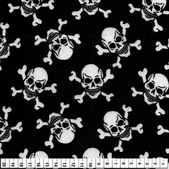 Tecido Cetim estampado Caveira Branca Fundo Preto Larg. 1,47mt 100% Poliester