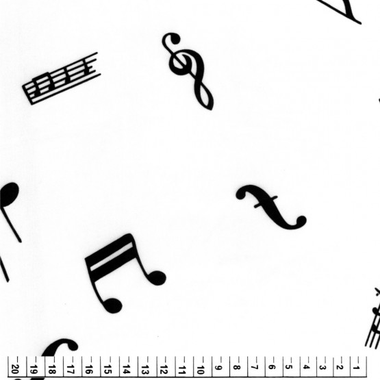 Tecido Cetim estampado Notas Musicais Pretas e Fundo Branco Larg. 1,47mt Larg. 1,47mt 100% Poliester