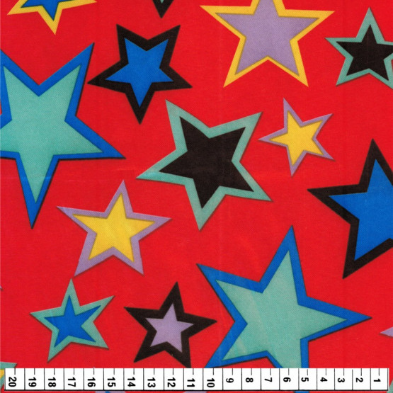 Tecido Cetim estampado Estrelas Coloridas e Fundo Vermelho Larg. 1,47mt 100% Poliester
