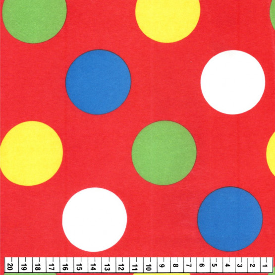 Tecido Cetim estampado Bolas Coloridas e Fundo Vermelho Larg. 1,47mt 100% Poliester 78gr/m2