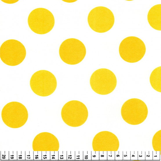 Tecido Cetim estampado Bola Amarela e Fundo Branco Larg. 1,47mt 100% Poliester