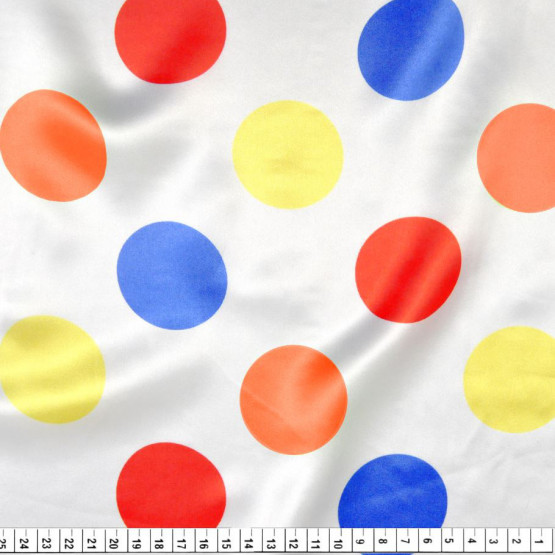 Tecido Cetim Estampado Bola Grande Colorida Fundo Branco Larg. 1,47mt 100% Poliester 78gr/m2