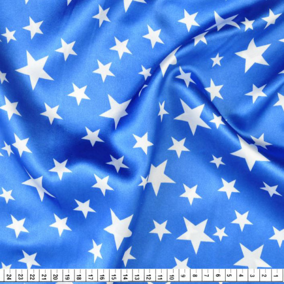Tecido Cetim Estampado Estrelas Brancas Peq e Med Fundo Azul  Larg. 1,47mt 100% Poliester 78gr/m2