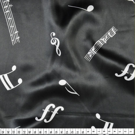 Tecido Cetim Estampado Partitura Notas Brancas e Fundo Preto Larg. 1,47mt 100% Poliester 78gr/m2