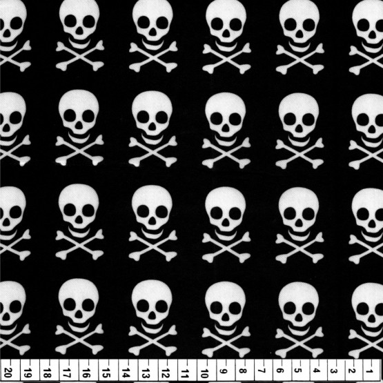 Tecido Cetim estampado Caveirinha Branca Fundo Preto Larg. 1,47mt 100% Poliester
