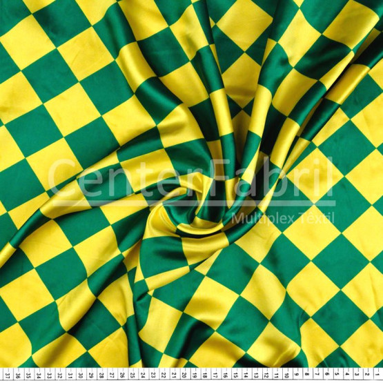Tecido Cetim estampado Losango Verde e Amarelo 5cm  Larg. 1,47mt 100% Poliester 78gr/m2