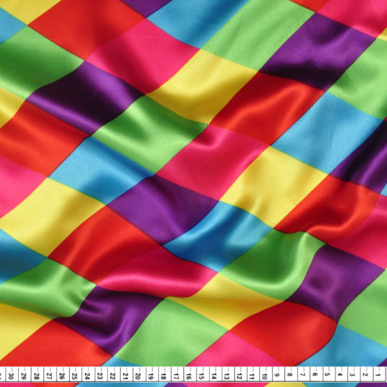 Tecido Cetim Estampado Pierrô Losango Colorido Larg. 1,47mt 100% Poliester 78gr/m2