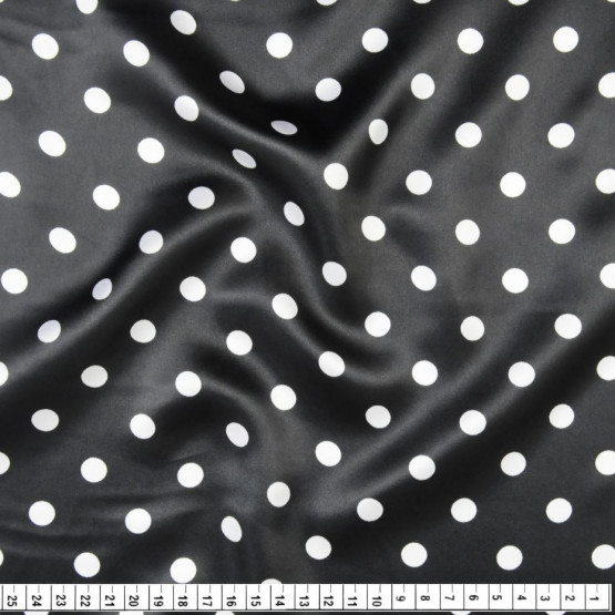 Tecido Cetim Estampado Bola Branca peq Fundo Preto Larg. 1,47mt 100% Poliester 78gr/m2