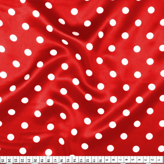 Tecido Cetim Estampado Bola Branca peq Fundo Vermelho Fantasia Minnie Larg. 1,47mt 100% Poliester 78gr/m2