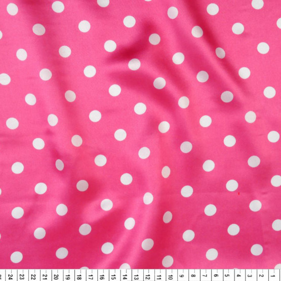 Tecido Cetim Estampado Bola Branca peq Fundo Rosa Larg. 1,47mt 100% Poliester 78gr/m2