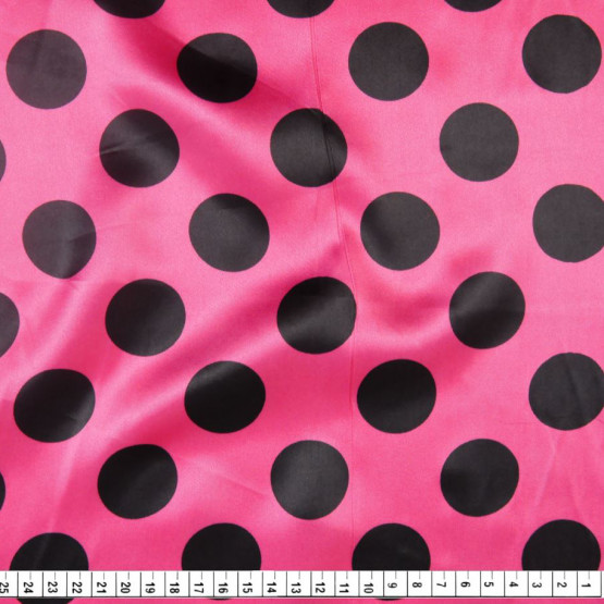 Tecido Cetim Estampado Bola Preta Média e Fundo Rosa Larg. 1,47mt 100% Poliester 78gr/m2