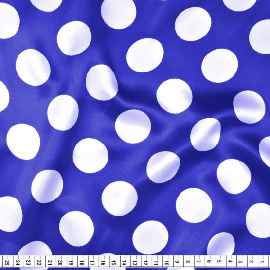 Tecido Cetim Estampado Bola Branca Média e Fundo Azul Royal Larg. 1,47mt 100% Poliester 78gr/m2