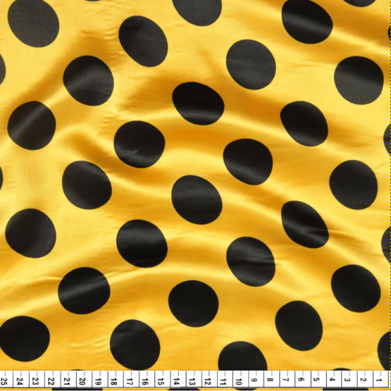 Tecido Cetim Estampado Bola Preta Média e Fundo Amarelo Fantasia Abelha Larg. 1,47mt 100% Poliester 78gr/m2