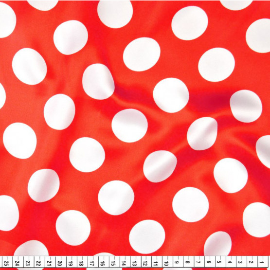 Tecido Cetim Estampado Bola Branca Média e Fundo Vermelho Minnie Larg. 1,47mt 100% Poliester 78gr/m2