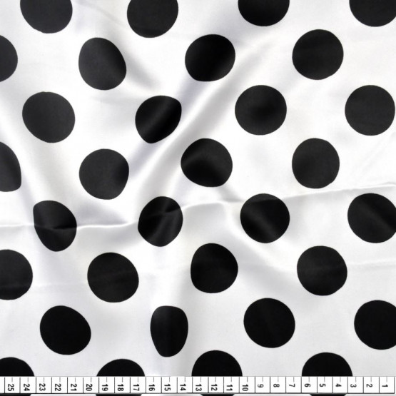 Tecido Cetim Estampado Bola Preta Média e Fundo Branco Larg. 1,47mt 100% Poliester 78gr/m2