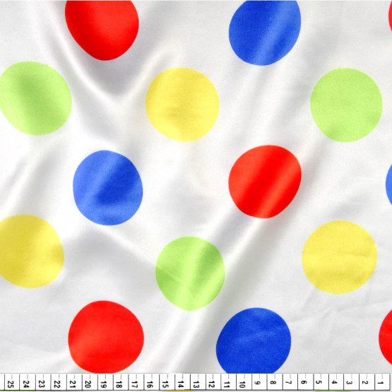 Tecido Cetim Estampado Bola Grande Colorida Fundo Branco Larg. 1,47mt 100% Poliester 78gr/m2