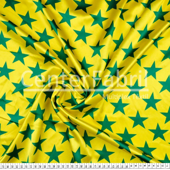Tecido Cetim estampado Estrelas Verde e Amarelo Larg. 1,47mt 100% Poliester 78gr/m2