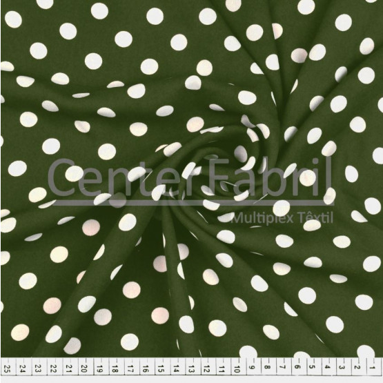 Tecido Crepe Georgette Estampa Bolas Brancas Fdo Verde  Larg.147cm 100%Poliester 
