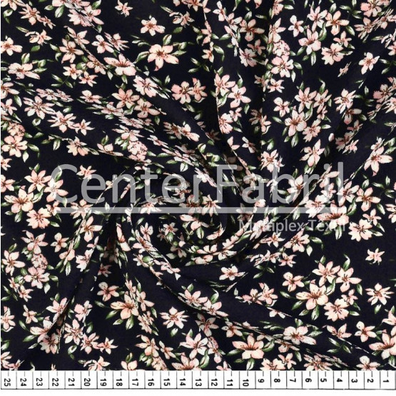 Tecido Crepe Bubble Milayde Estampado Flor Rosa Fdo Preto Larg 145cm 97%Poliester.3%Elastano. Conserv1-H/2-2/3-3/5-3/6-1 