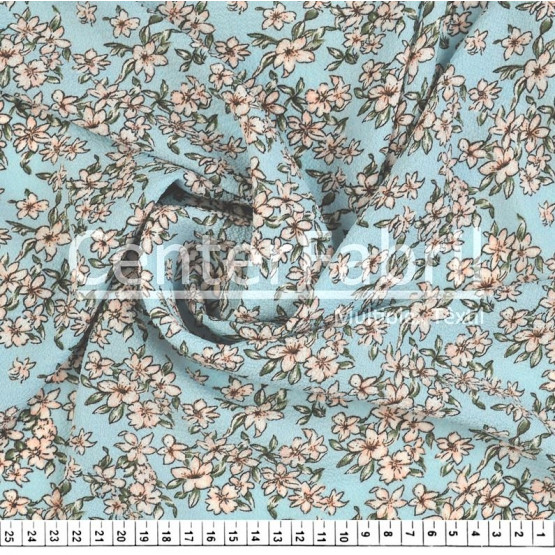 Tecido Crepe Bubble Milayde Estampado Flor Rosa Fdo Azul Larg 145cm 97%Poliester.3%Elastano. Conserv1-H/2-2/3-3/5-3/6-1 