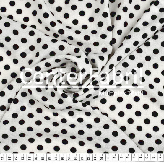 Tecido Crepe Bubble Milayde Estampado Bola Média Preto Fdo Crú Larg 145cm 97%Poliester.3%Elastano. Conserv1-H/2-2/3-3/5-3/6-1 