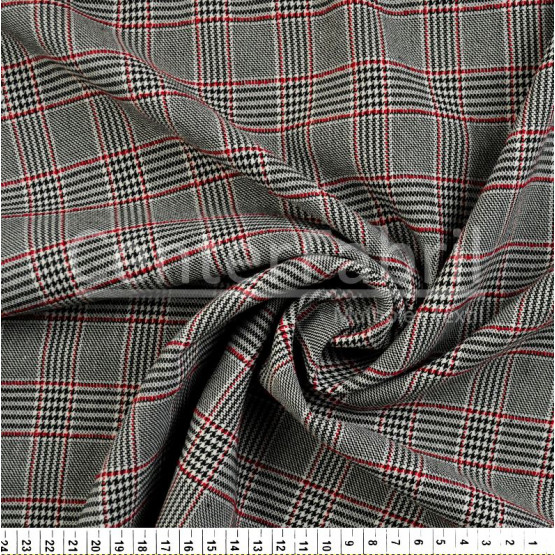 Tecido Alfaiataria Xadrez Príncipe de Galles Preto e Vermelho Larg 140cm 98%Poliester 2%Elastano 197gr/m2. Conserv 1-M/2-2/3-3/4-5/5-3/6-1/6-3