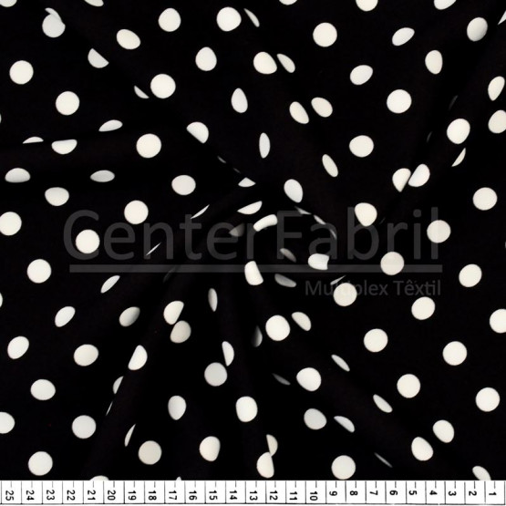 Tecido Gabardine Prada estampa Bolas Brancas Fdo Preto Larg 1,47mt 90%Poliester 10%Elastano Conserv1-N/2-2/3-3/5-3f/6-1