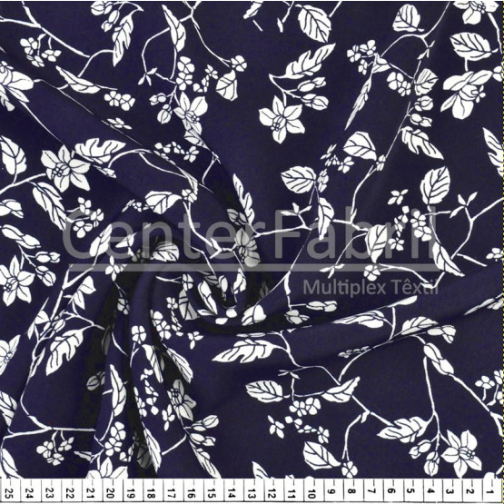 Tecido Gabardine Prada estampa Floral Fdo Marinho Larg 1,47mt 90%Poliester 10%Elastano Conserv1-N/2-2/3-3/5-3f/6-1