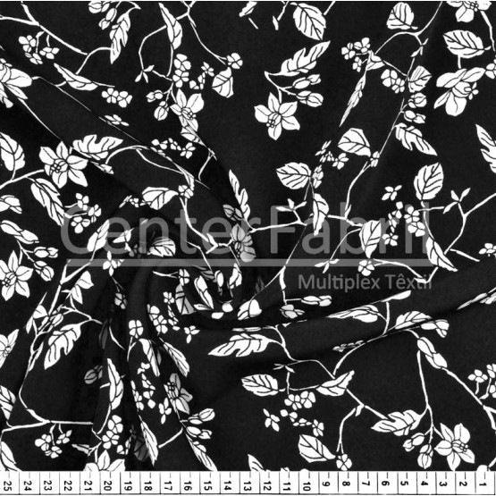 Tecido Gabardine Prada estampa Floral Fdo Preto Larg 1,47mt 90%Poliester 10%Elastano Conserv1-N/2-2/3-3/5-3f/6-1