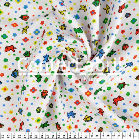 Tecido Flanela Estampa Infantil Sarja Plus Vivi Branco Larg. 80cm 100%Algodão des90132 184gr/m2