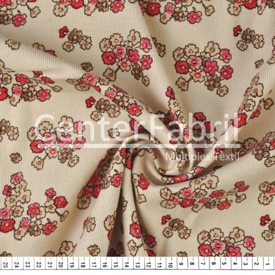 Tecido Veludo Cotelê c/elastano estampa Flor Fdo Marfim Larg.145cm 97%Algodão 3%Elastano