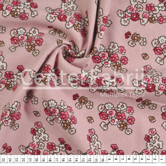 Tecido Veludo Cotelê c/elastano estampa Flor Fdo Rosa Larg.145cm 97%Algodão 3%Elastano