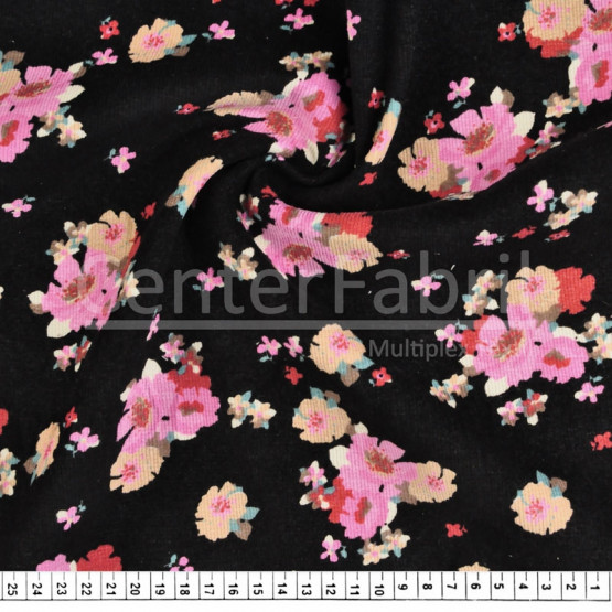 Tecido Veludo Cotelê c/elastano estampa Flor Fdo Preto Larg.145cm 97%Algodão 3%Elastano
