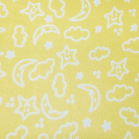 Tecido Soft Fleece Estampado Estrelas, Nuvens e Lua Fundo Amarelo Larg 1,60mt 100%Poliester - Preço por metro