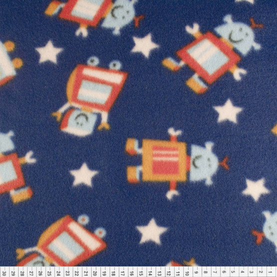 Tecido Soft  Estamp Largura 160cm 100%Poliester Robô Laranja Fdo Azul - Preço por metro