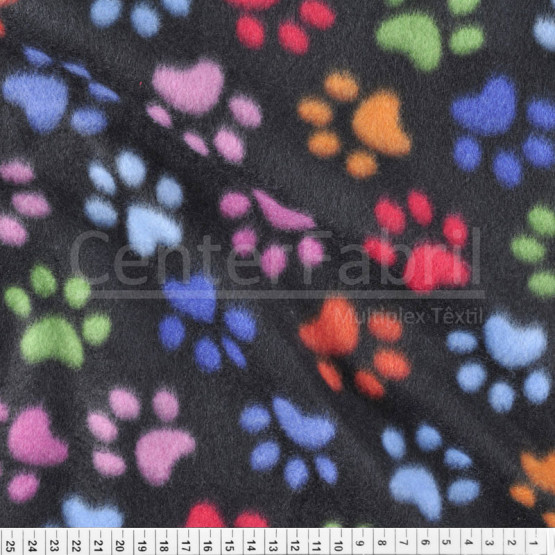 Tecido Soft Fleece Estampado Patinhas Dog Fdo Preto Larg 1,60mt 100%Poliester - Preço por metro.promo de $27,90 por