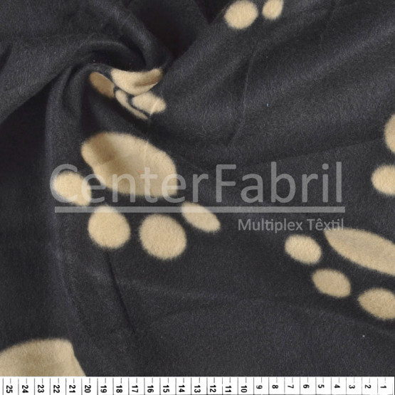 Tecido Soft Fleece Estampado Pata Dog Bege Fdo Preto Lg 1,60mt 100%Poliester - Preço por metro.promo de $27,90 por