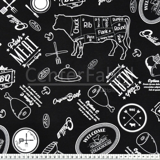 Tecido Acquablock impermeável estampado Churrasco cor 1 Larg 1,40mt 72%Algodao/28%Poliester.Conserv1-P/2-2/3-3/5-2/6-8