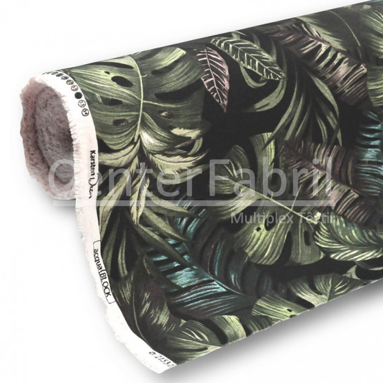 Tecido Acquablock impermeável estampado Maranta Preto Larg 1,40mt 72%Algodao/28%Poliester.Conserv1-P/2-2/3-3/5-2/6-8