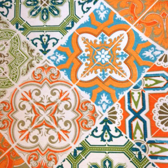 Tecido Aquatec Veneza - estampado Azulejo Laranja Larg 1,40mt 68%Algodao/32%Poliester