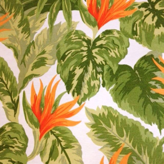 Tecido Aquatec Veneza - estampado Folhagens Verdes e Laranja Larg 1,40mt 68%Algodao/32%Poliester
