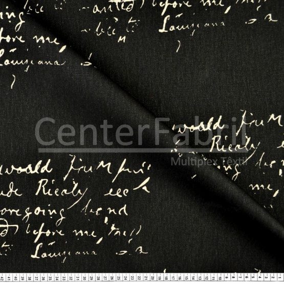 Tecido Lonita Estampada Manuscrito Fundo Preto Larg. 140cm 100%Algodão 384gr/m2.Conserv1-I/2-2/3-2/5-3/6-8