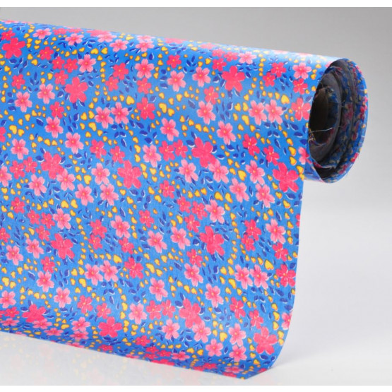 Chitão Estampado Plastificado - Azul e Flor Rosa Estampa Pequena Tecido superior 100% algodão/Base100% PVC Lg135cm