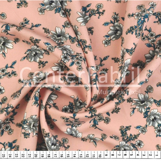 Tecido Viscose Estampada Floral Fundo Salmão Larg 140cm 100%Viscose. 121gr/m² Conserv1-H/2-2/3-3/5-3/6-1